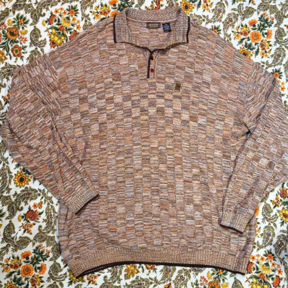 Vintage Enyce Clothing Mens 3XL Knit Polo Sweater Earth Tone Geometric‎ 90s Y2K